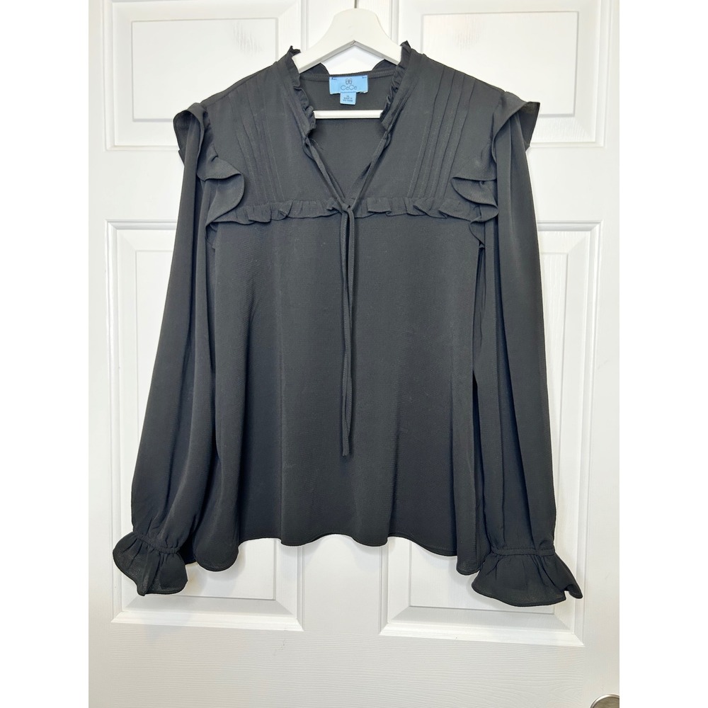 CeCe Ruffle Pintuck Blouse XL Black Tie Neck Bell Sleeve